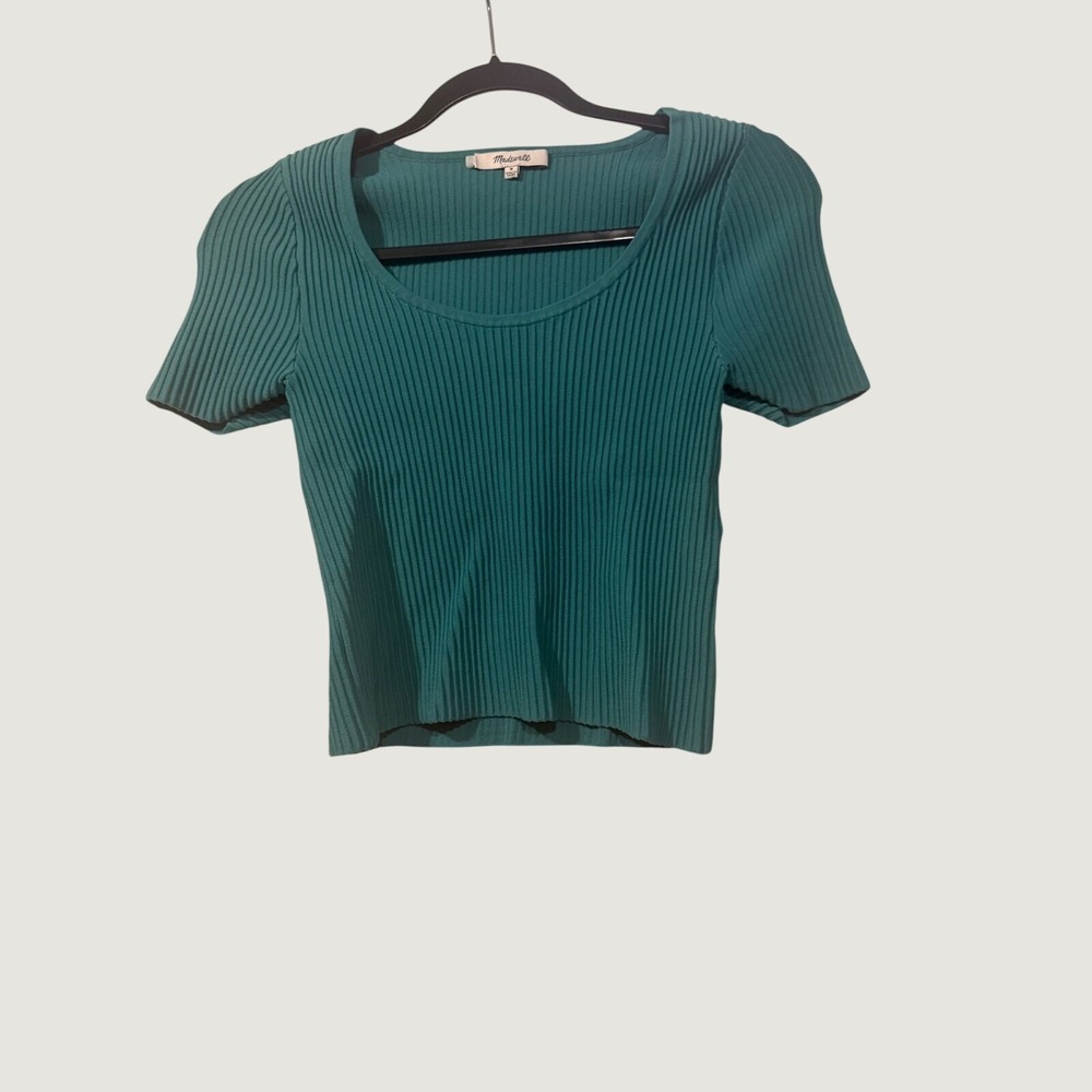 Madewell Ribbed Scoop Neck Short Sleeve Knit Top Teal Green Medium NL209 FA23